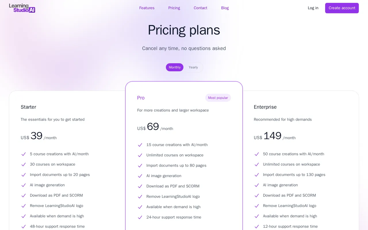 LearningStudioAI — pricing page