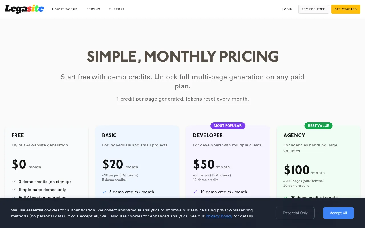 Legasite — pricing page