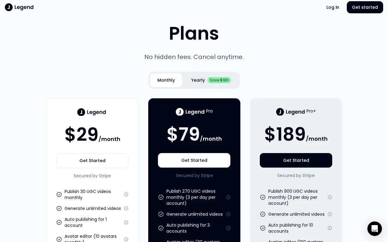Legend — pricing page