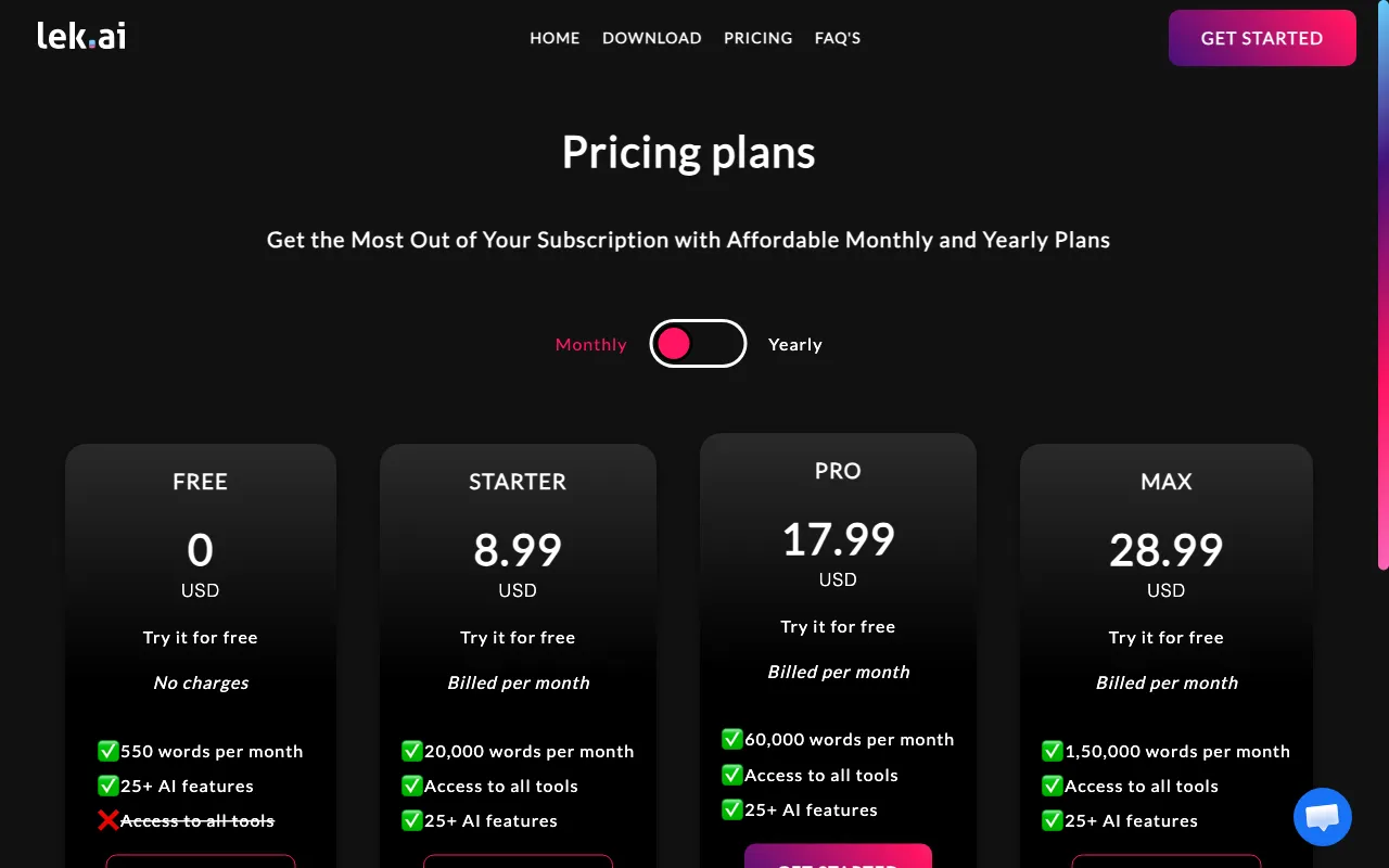 Lek — pricing page