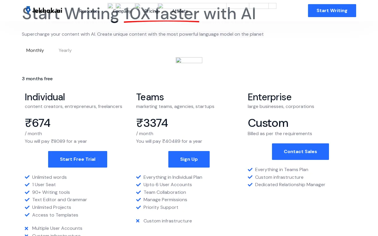 Lekhak AI — pricing page