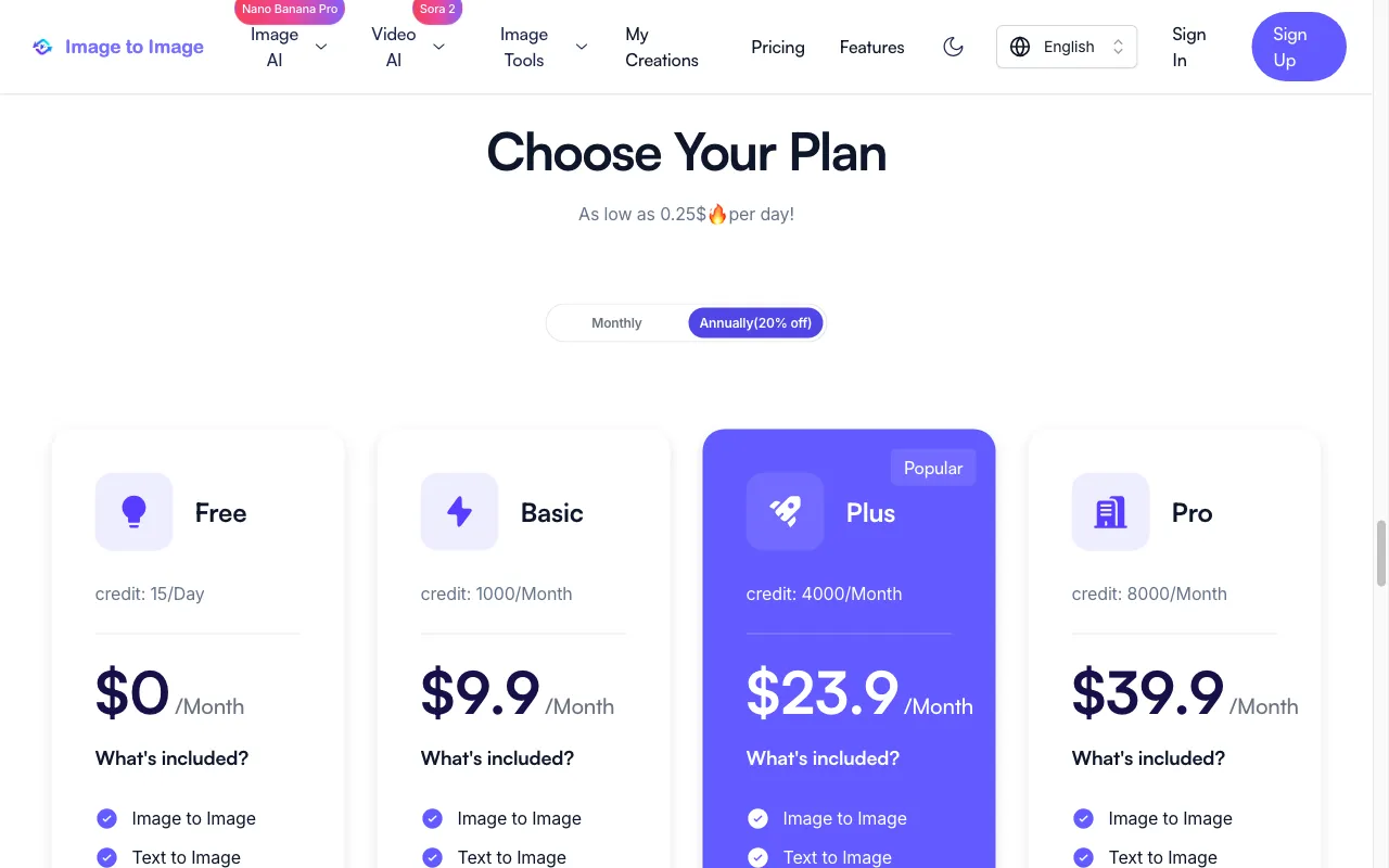 Image to Image — pricing page