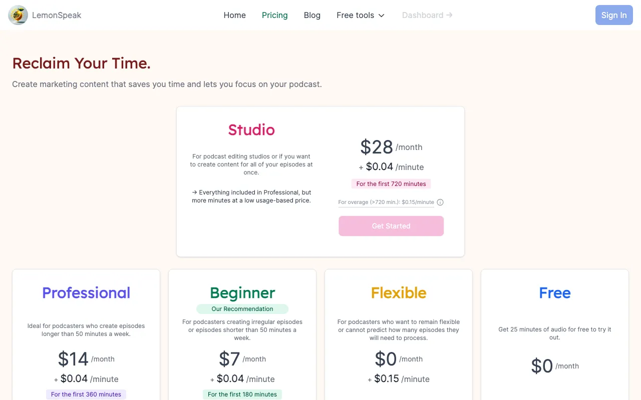 LemonSpeak — pricing page