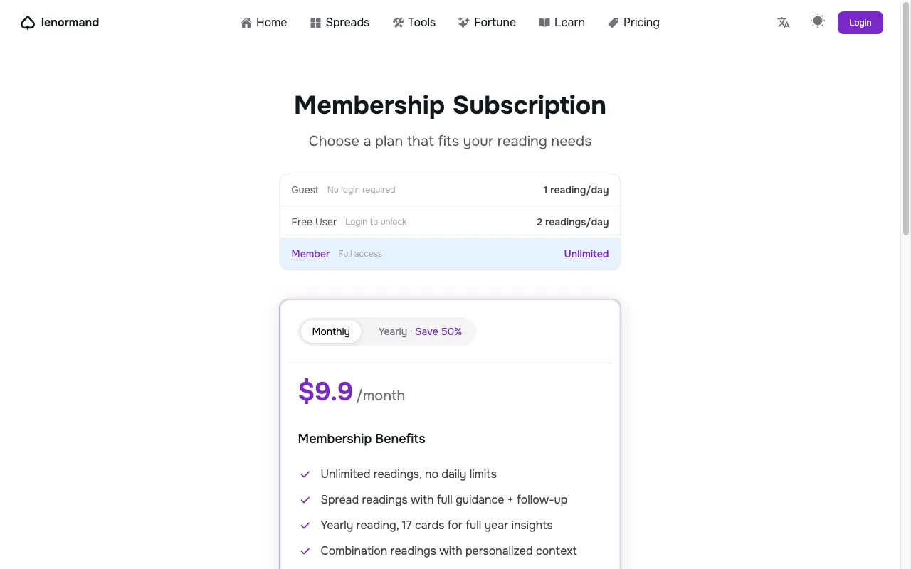 Lenormand Online — pricing page