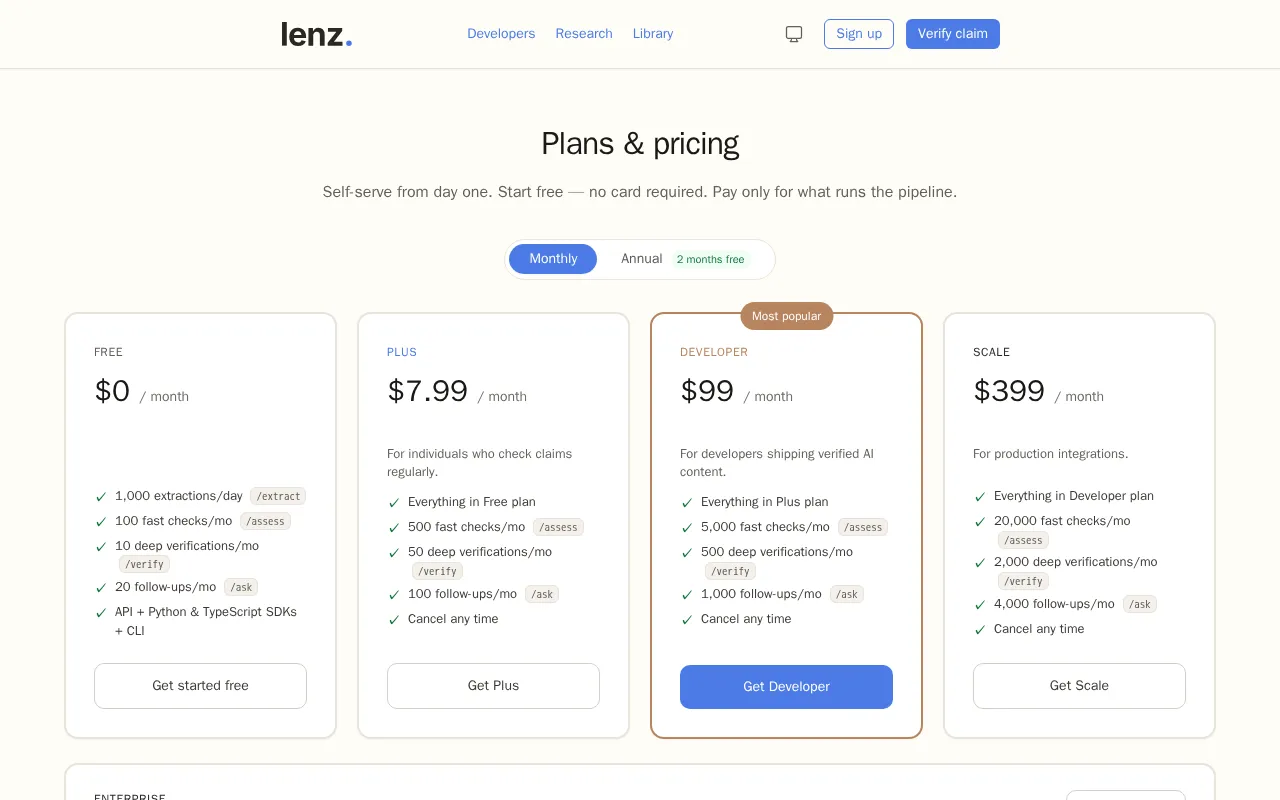 Lenz — pricing page