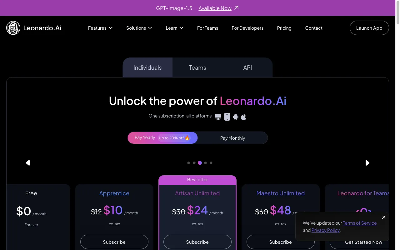 Leonardo AI — pricing page