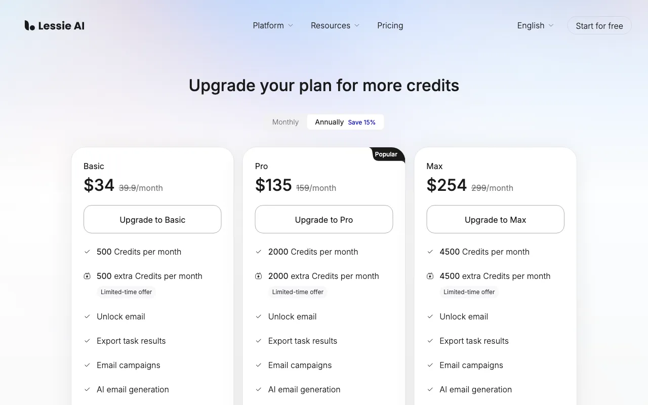 Lessie AI — pricing page
