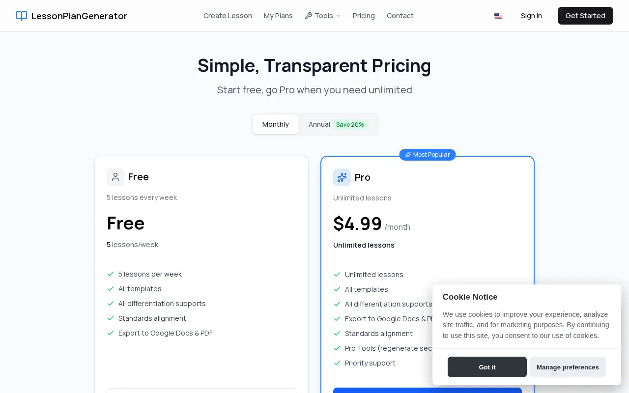 LessonPlanGenerator — pricing page