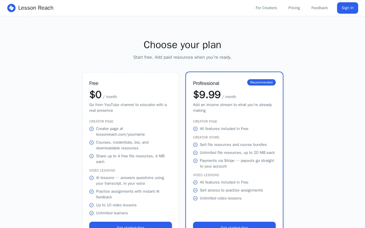 Lesson Reach — pricing page