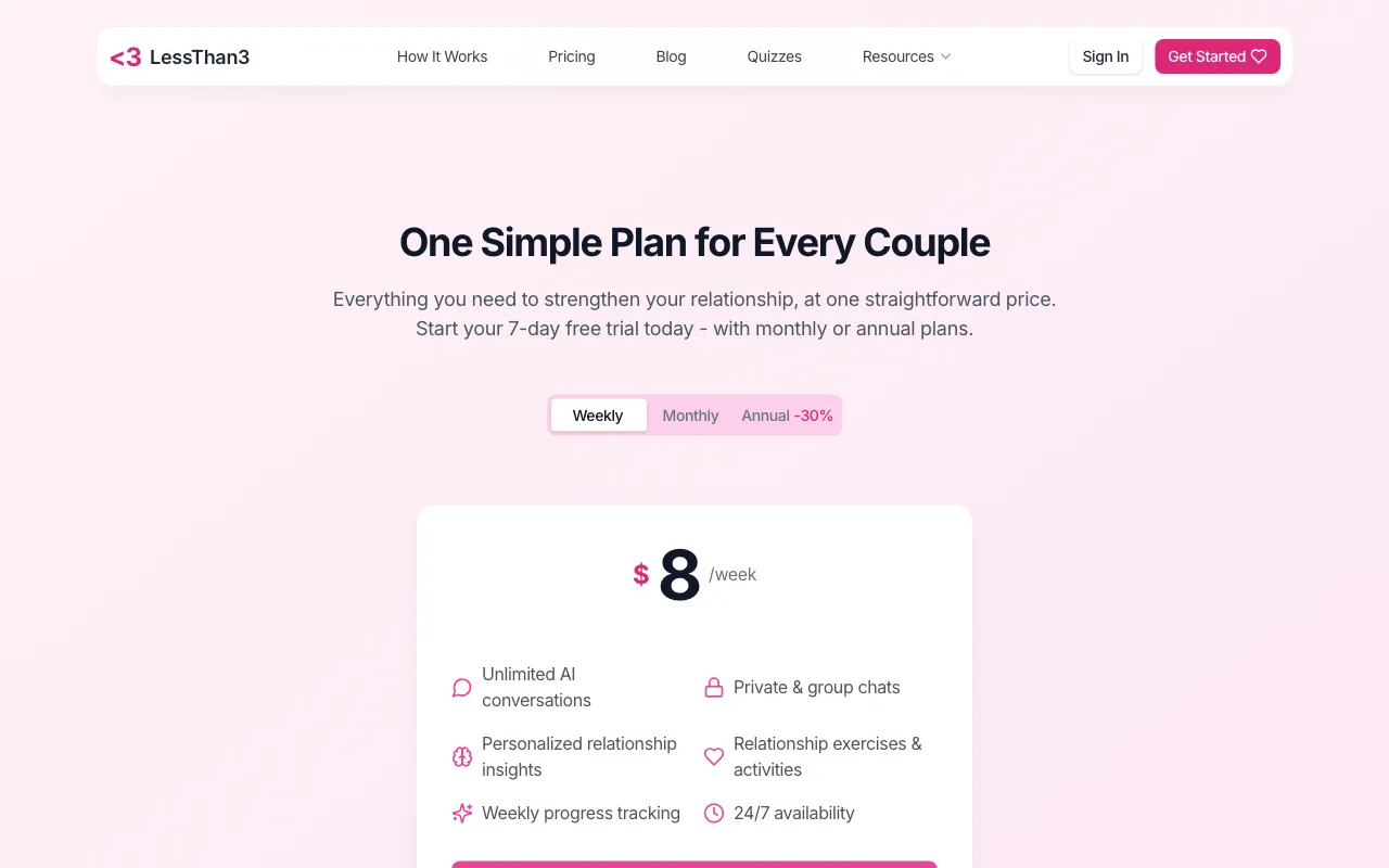 LessThan3 AI Relationship Counseling — pricing page