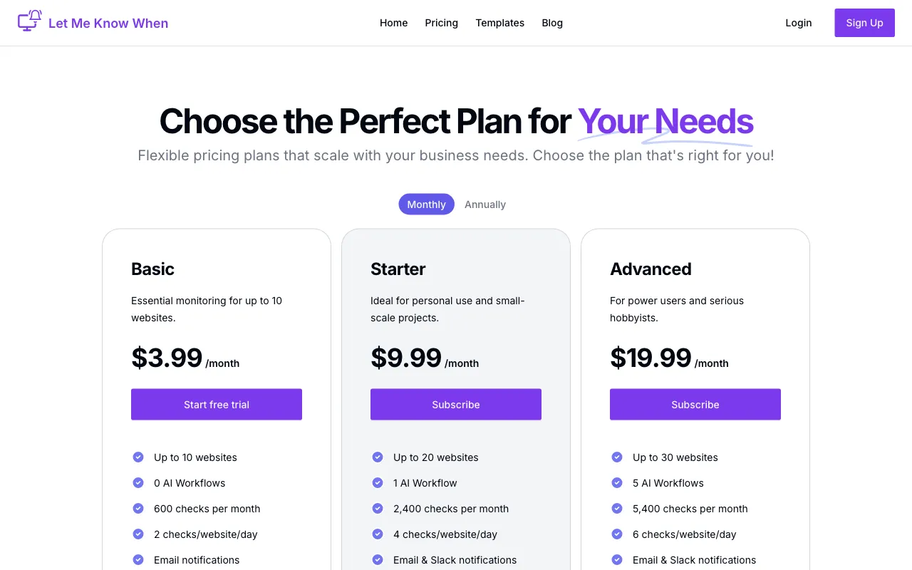 Let Me Know When — pricing page