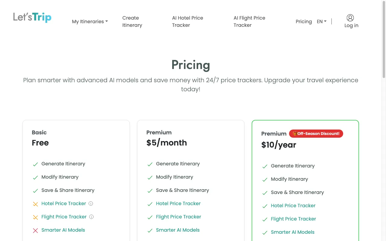 Let's Trip AI — pricing page