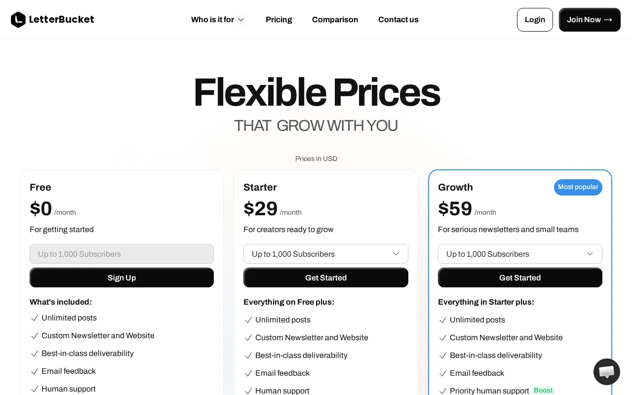 LetterBucket — pricing page