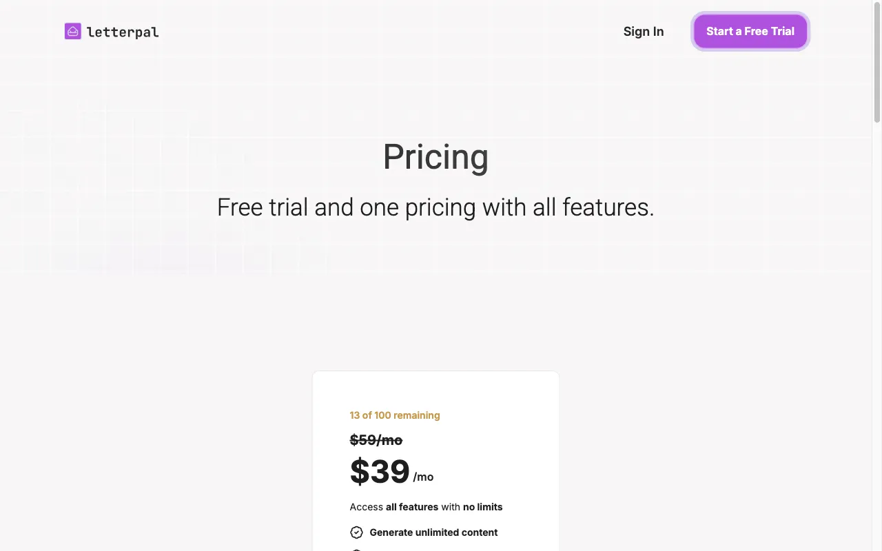 Letterpal — pricing page