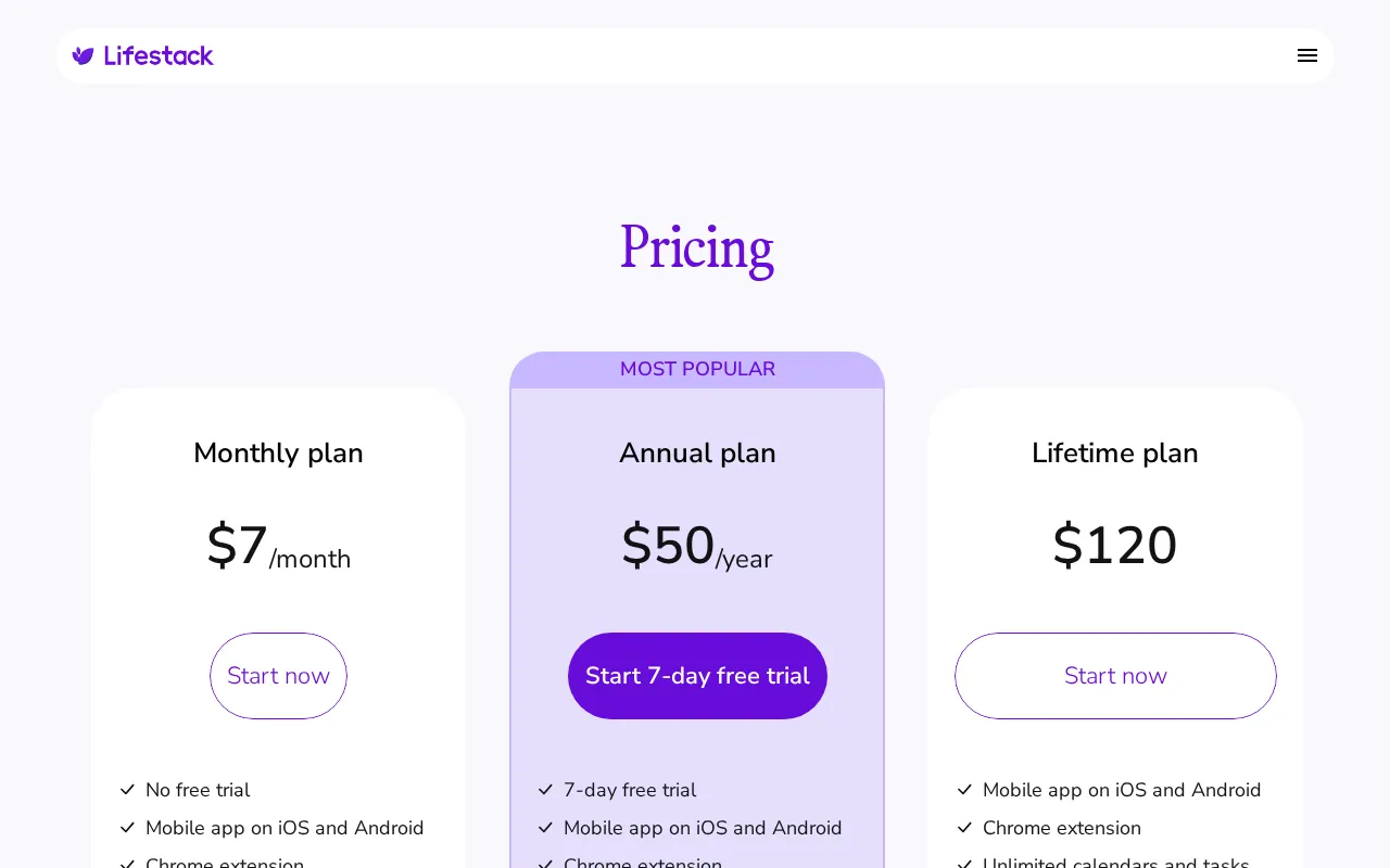 Lifestack — pricing page