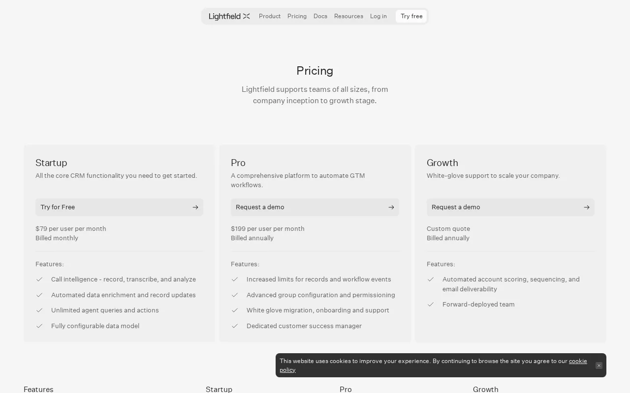 Lightfield — pricing page
