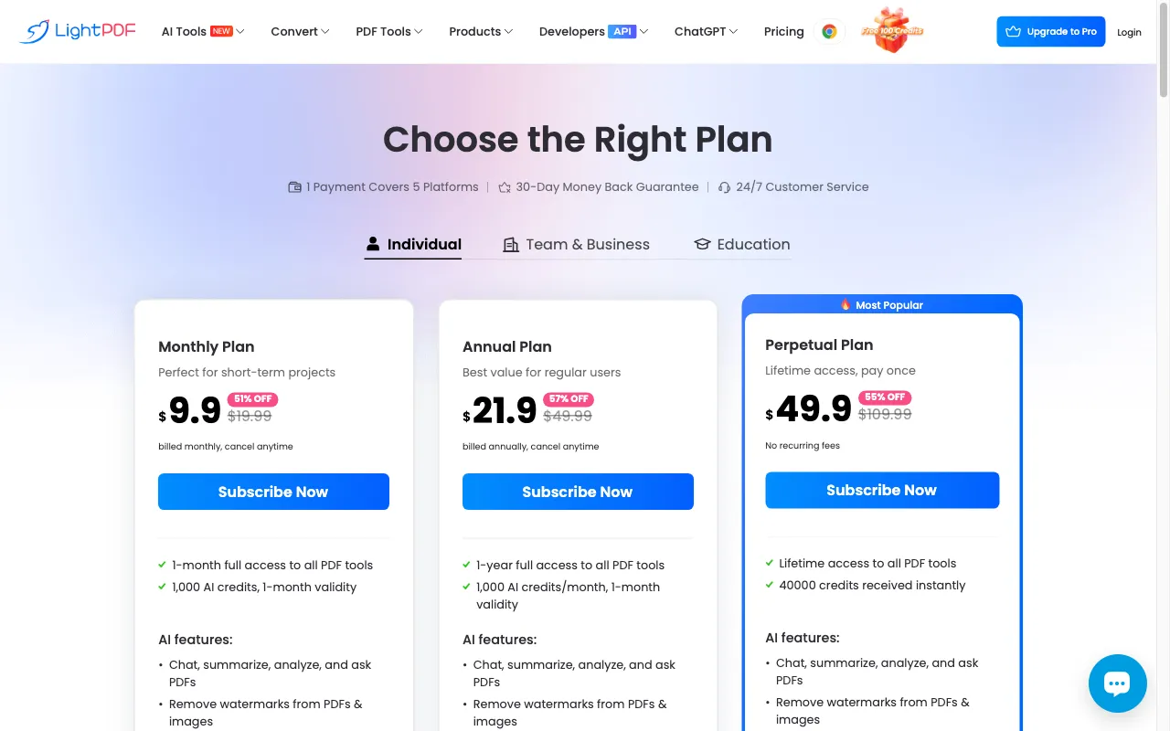LightPDF — pricing page
