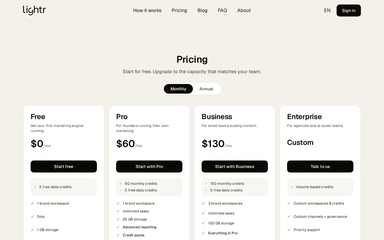 Lightr — pricing page