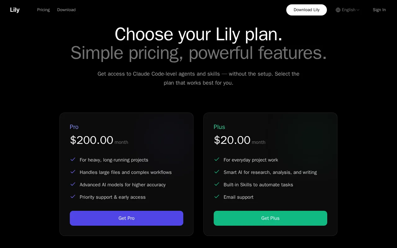 Lily — pricing page