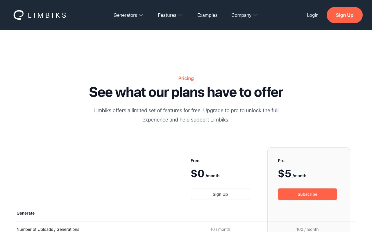Limbiks — pricing page