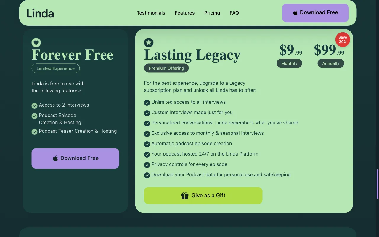 Linda — pricing page