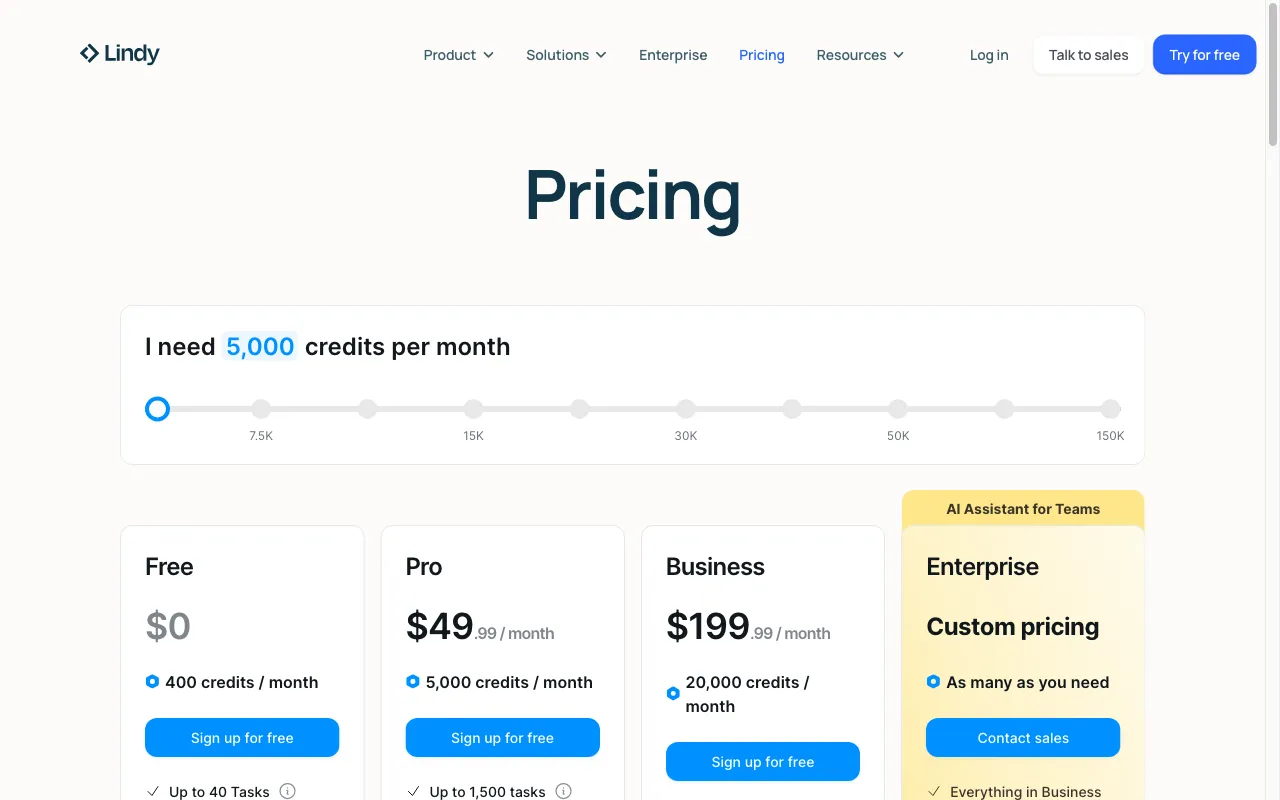 Lindy AI — pricing page
