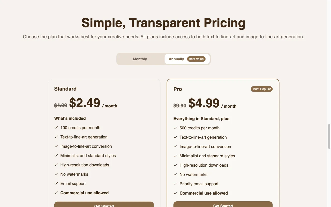 Line Art Generator — pricing page