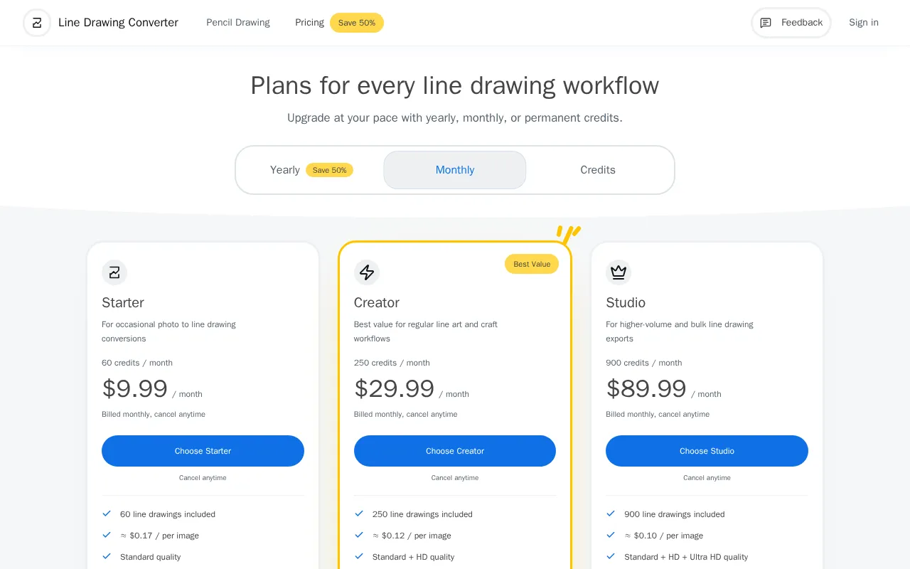 Line Drawing Converter — pricing page