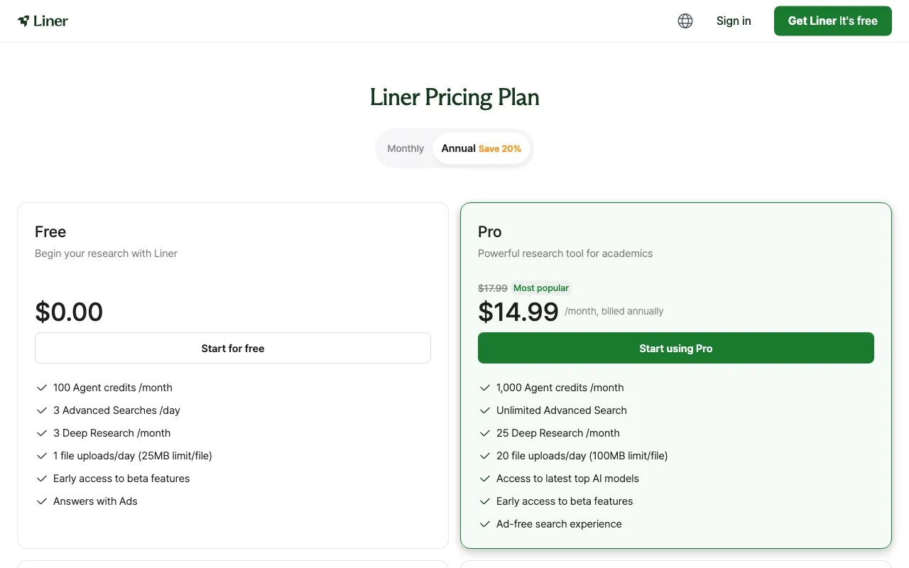 LINER AI — pricing page