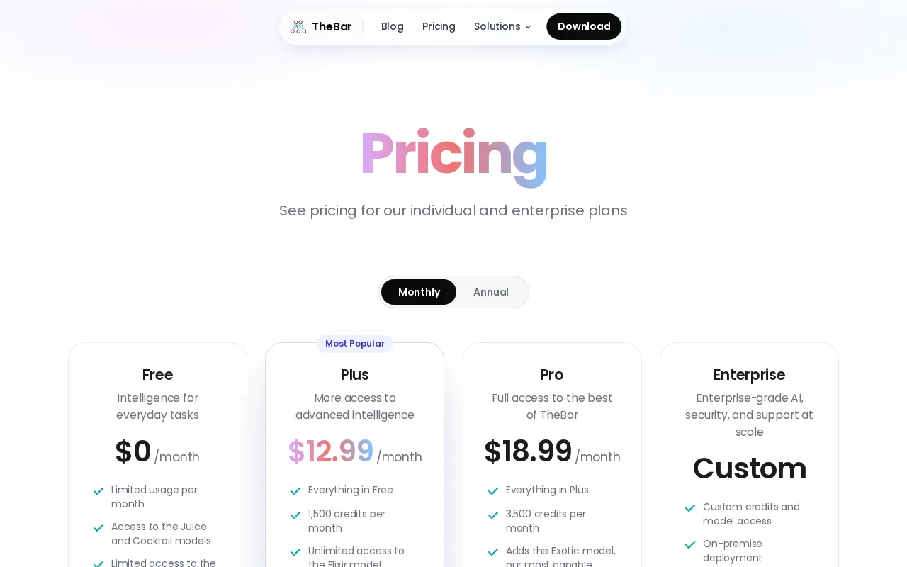 TheBar from linesNcircles — pricing page