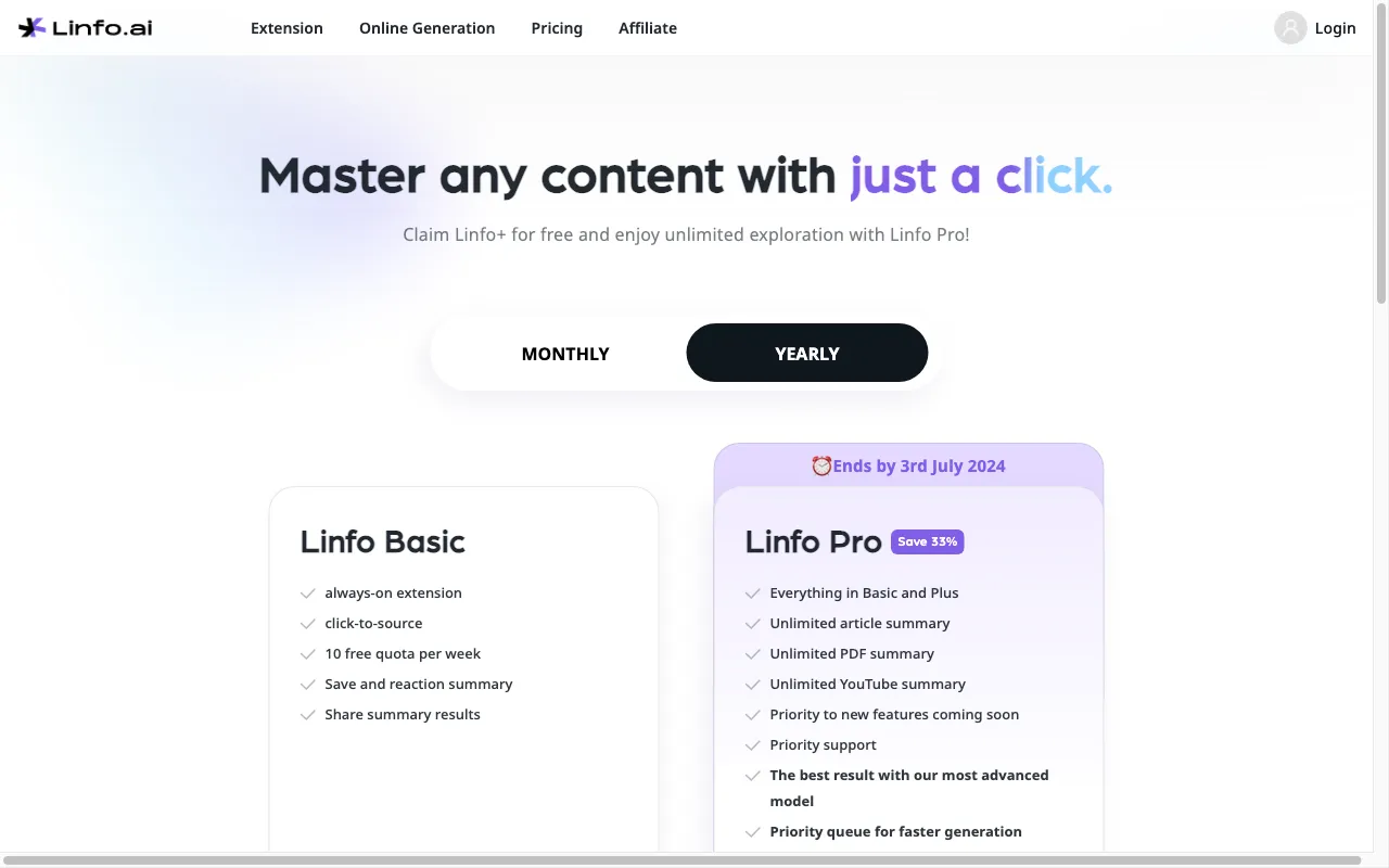 Linfo.ai — pricing page