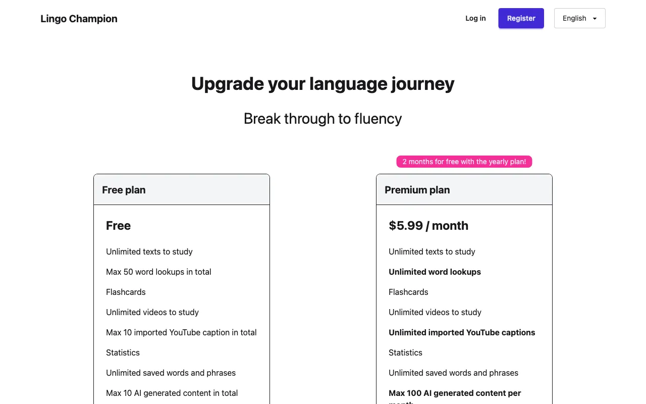 Lingo Champion — pricing page