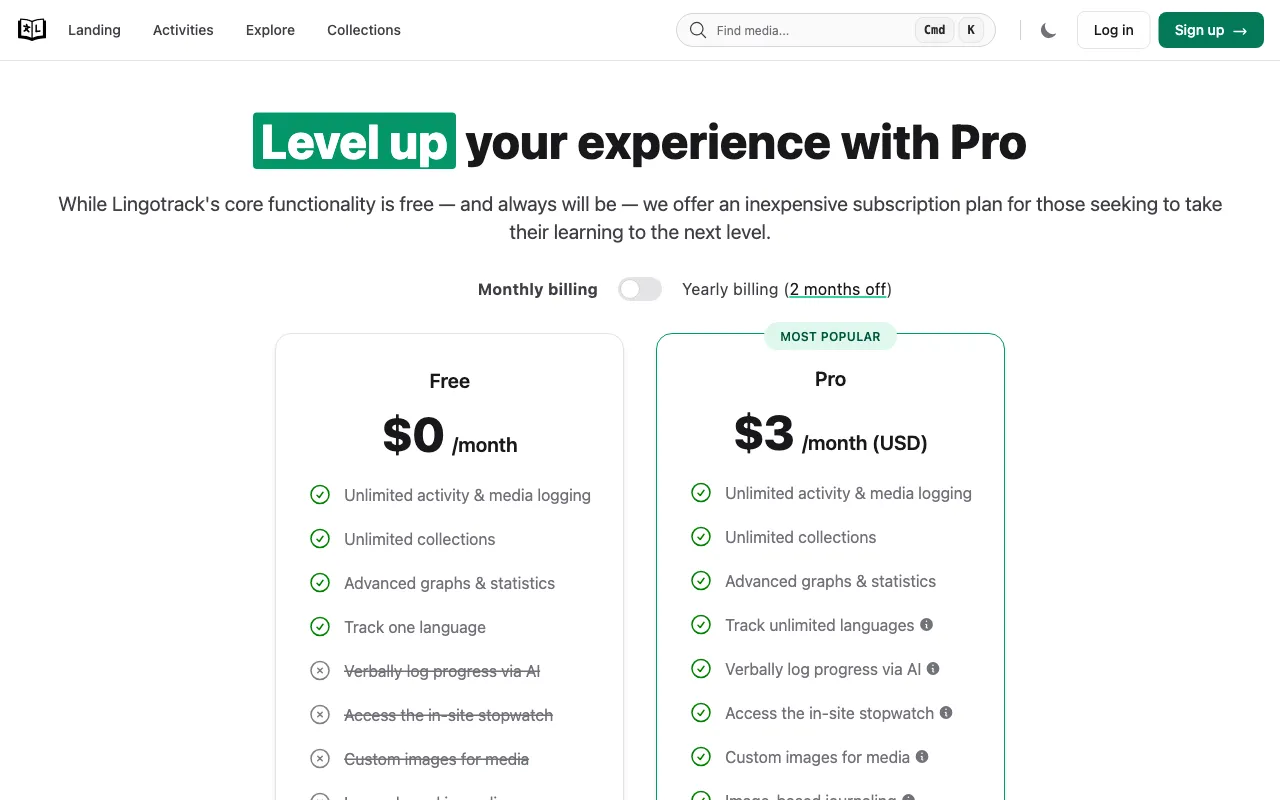 Lingotrack — pricing page