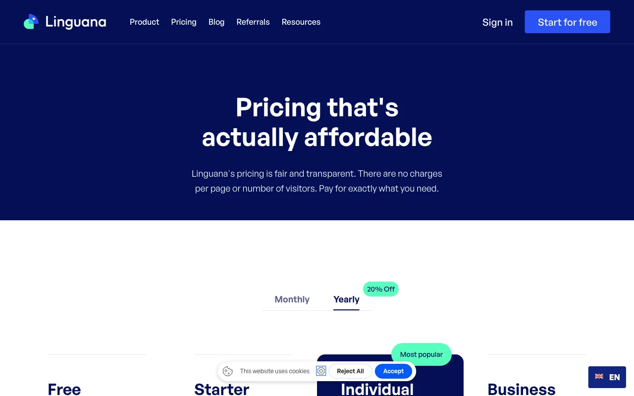Linguana — pricing page