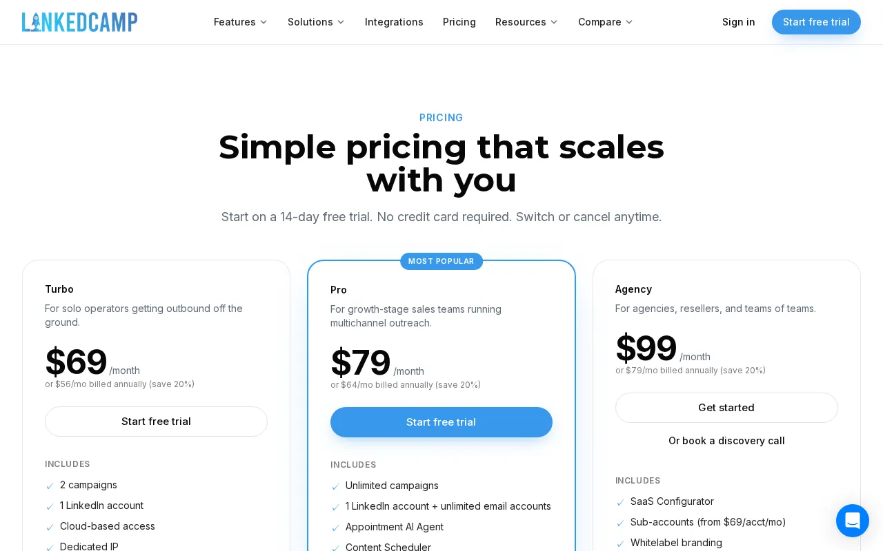 LinkedCamp — pricing page