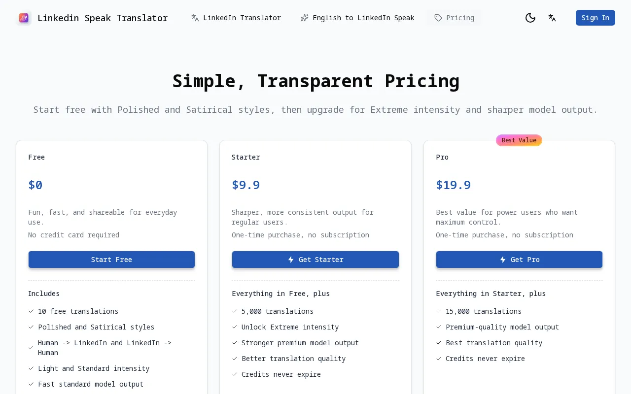 LinkedIn Speak Translator — pricing page