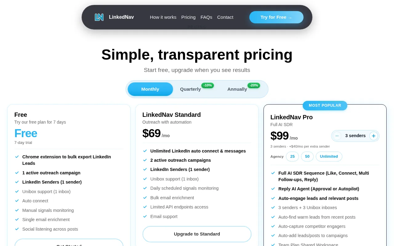 LinkedNav — pricing page