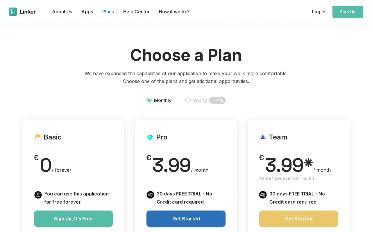 Linker v2.0 — pricing page
