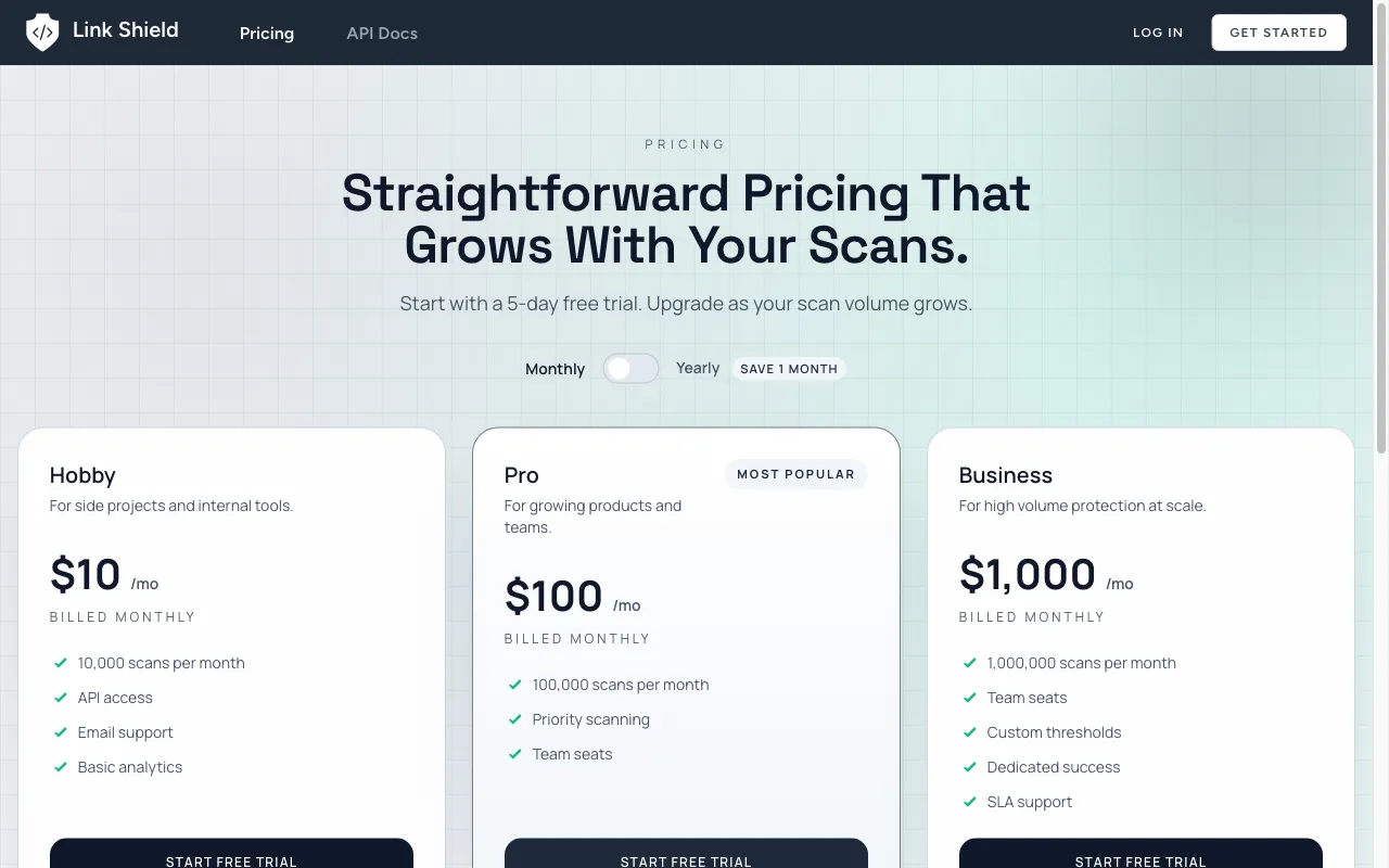 Link Shield — pricing page