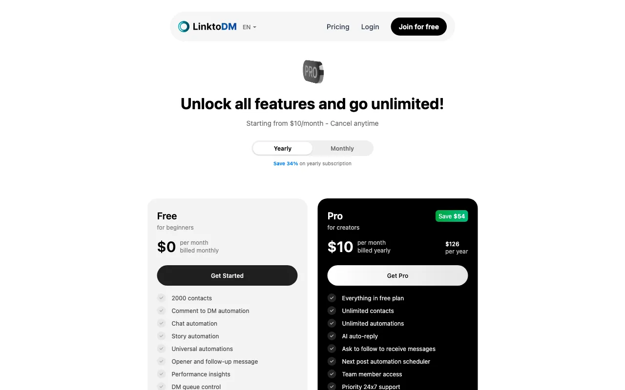 LinktoDM — pricing page