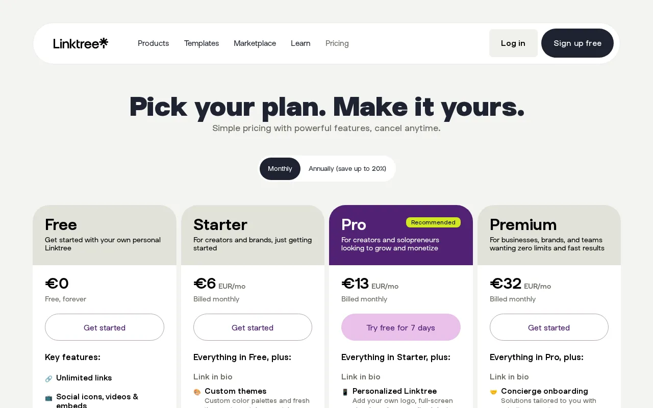 Linktree — pricing page