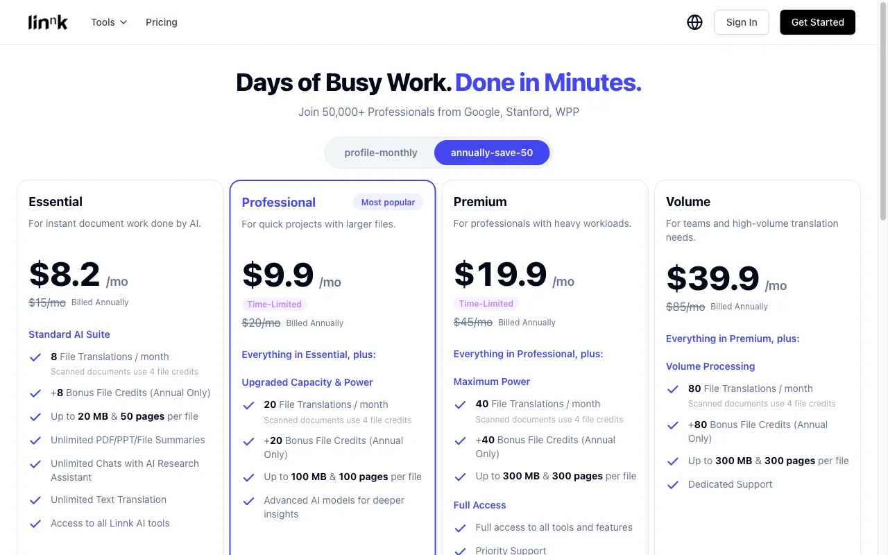 Linnk.AI — pricing page