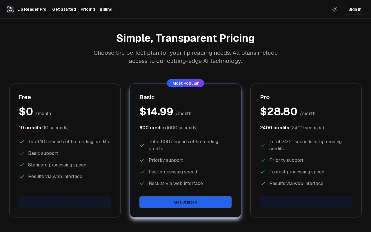Lip Reader Pro — pricing page
