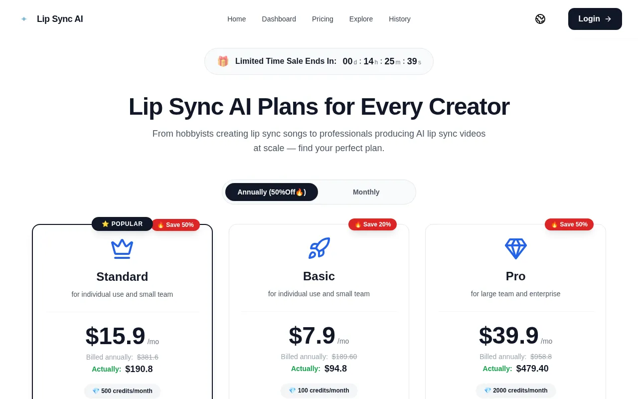Lip Sync AI — pricing page