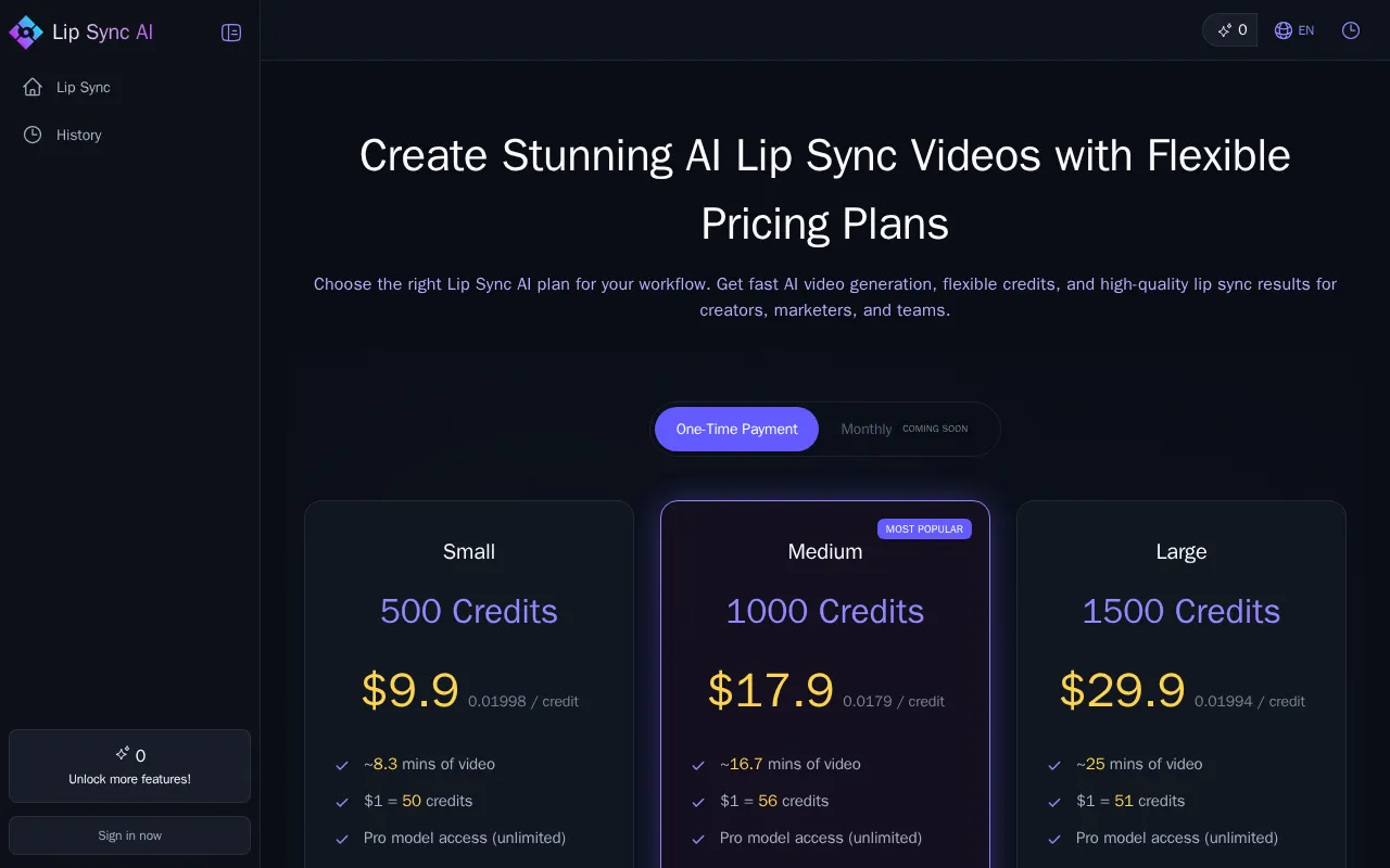 Lip Sync AI Video Generator — pricing page