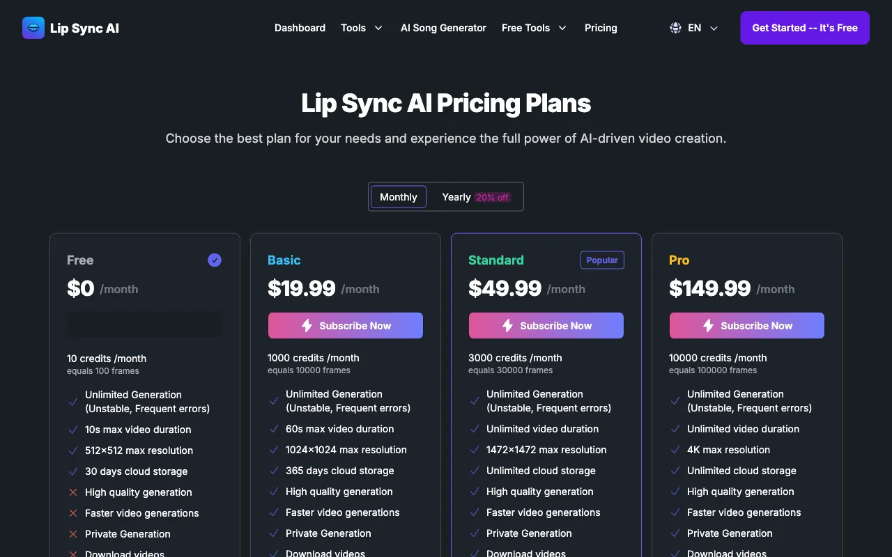 Lip Sync AI — pricing page