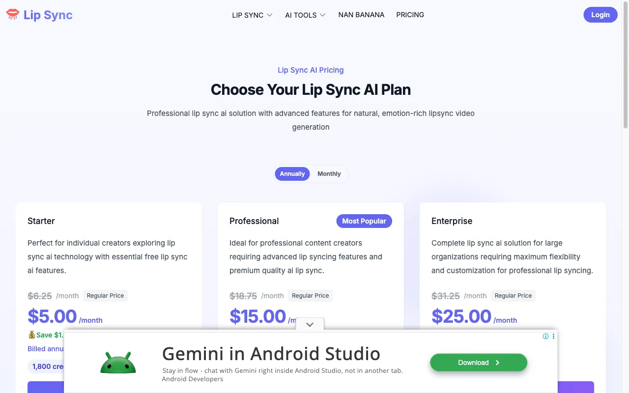 Lip Sync AI — pricing page