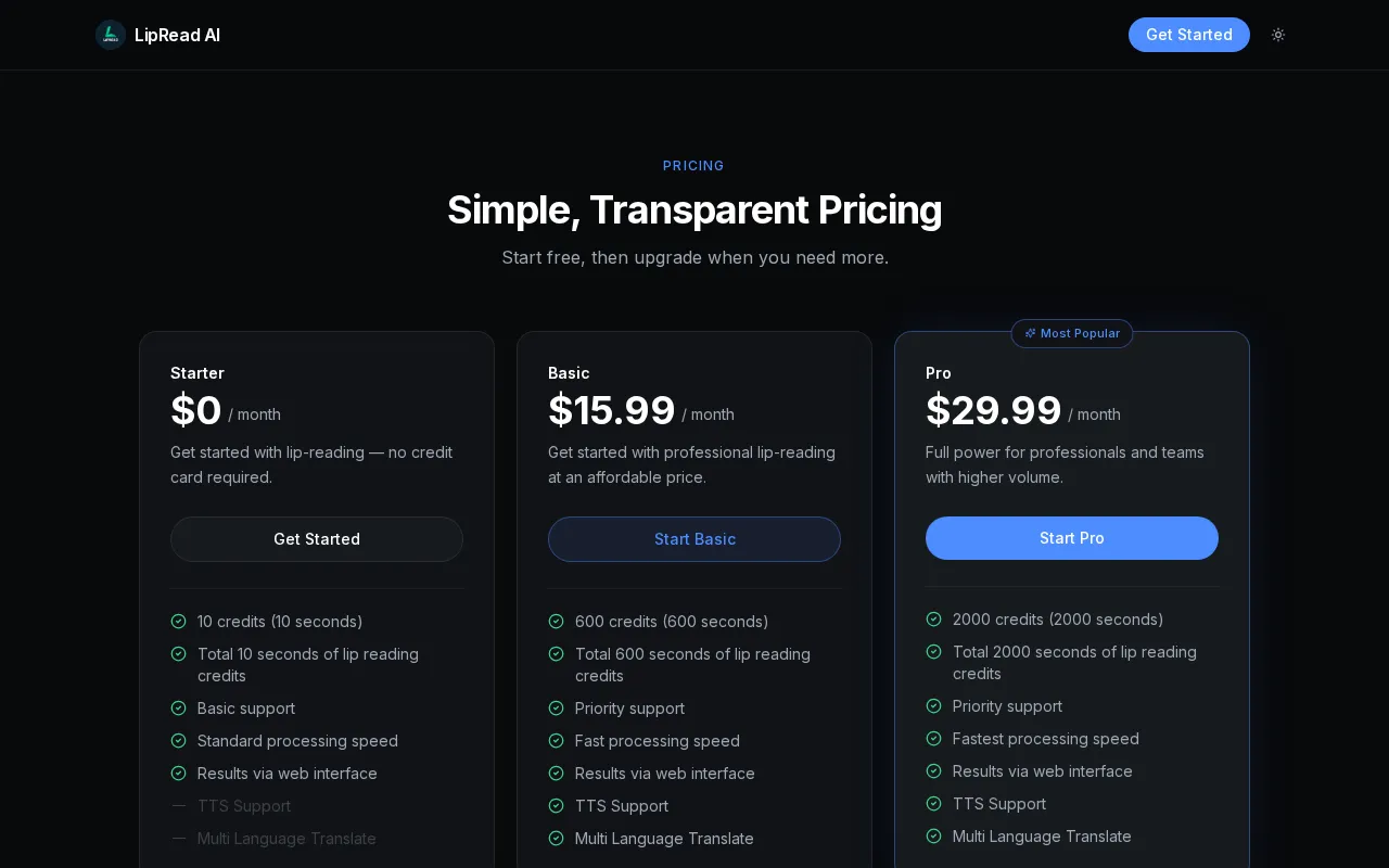 LipRead AI — pricing page