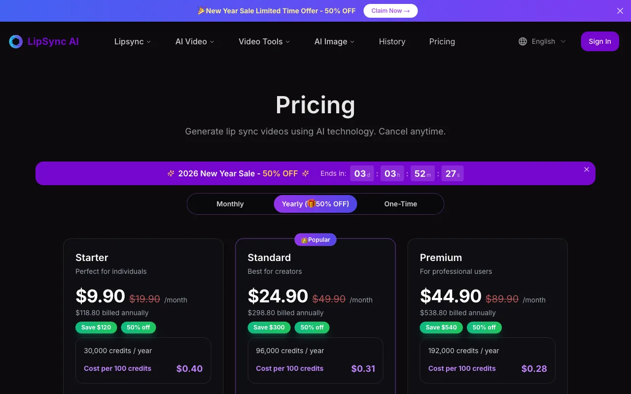 Lipsync AI — pricing page