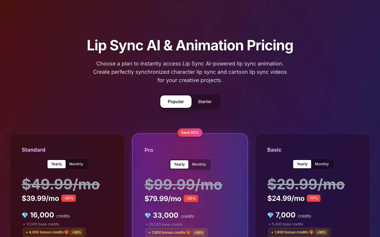 LipSync Studio — pricing page